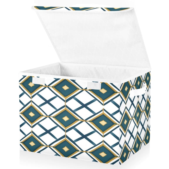 Yayeee Collapsible Cube Storage Bin with Lid Fabric Closet Decorative Basket with Handles, Gold Geometric Pattern