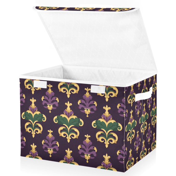 Yayeee Collapsible Storage Bin with Lid Fabric Closet Decorative Basket with Handles, Gold and Purple Floral Pattern