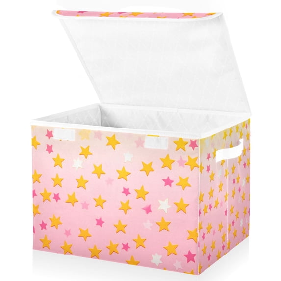 Yayeee Collapsible Cube Storage Bin with Lid Fabric Closet Decorative Basket with Handles, Gradient Pink Stars