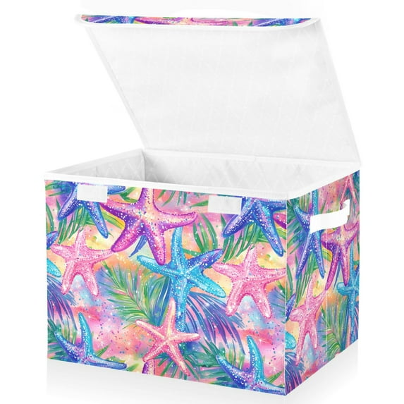 Yayeee Collapsible Cube Storage Bin with Lid Fabric Closet Decorative Basket with Handles, Gradient Starfish Pattern