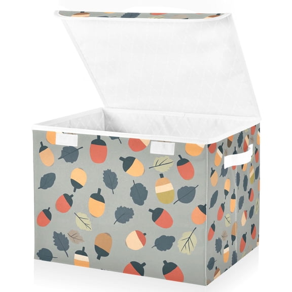 Yayeee Collapsible Cube Storage Bin with Lid Fabric Closet Decorative Basket with Handles, Gray Acorns Pattern