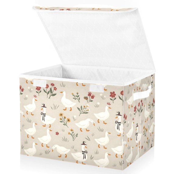 Yayeee Collapsible Storage Bin with Lid Fabric Closet Decorative Basket with Handles, Gray Cartoon Goose Pattern