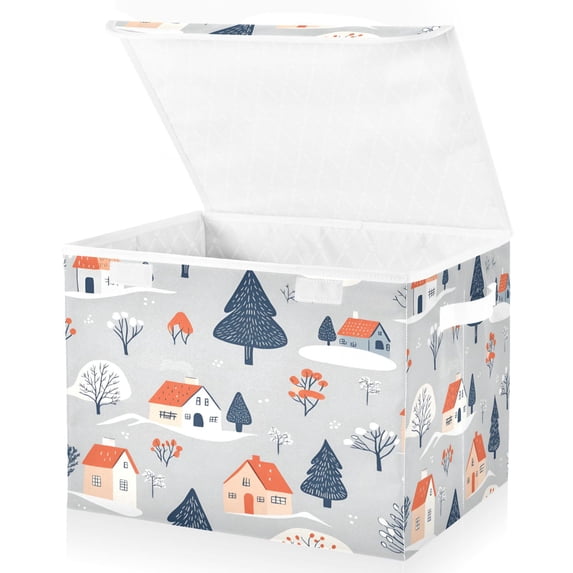 Yayeee Collapsible Storage Bin with Lid Fabric Closet Decorative Basket with Handles, Gray Cartoon Houses