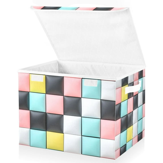 Yayeee Collapsible Cube Storage Bin with Lid Fabric Closet Decorative Basket with Handles, Gray Checkered Pattern