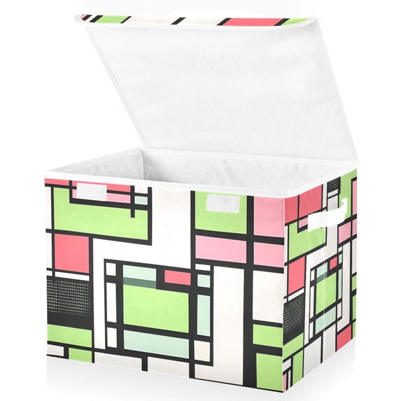 Yayeee Collapsible Cube Storage Bin with Lid Fabric Closet Decorative Basket with Handles, Green Abstract Geometric