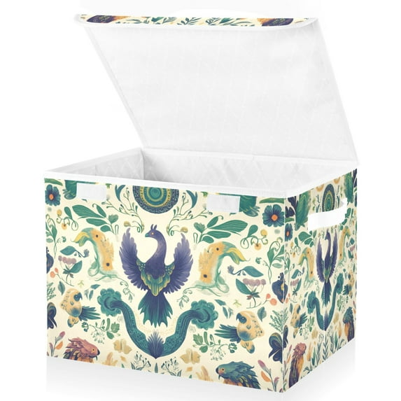 Yayeee Collapsible Cube Storage Bin with Lid Fabric Closet Decorative Basket with Handles, Green Animals Pattern