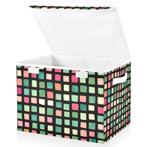 Yayeee Collapsible Cube Storage Bin with Lid Fabric Closet Decorative Basket with Handles, Green Block Pattern