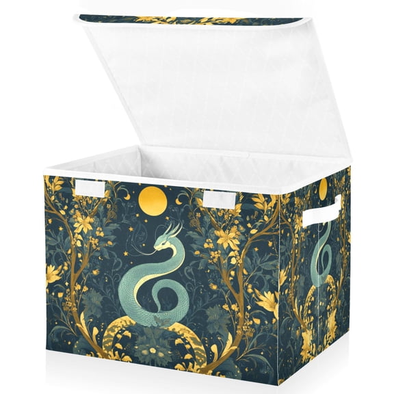 Yayeee Collapsible Cube Storage Bin with Lid Fabric Closet Decorative Basket with Handles, Green Celestial Serpent