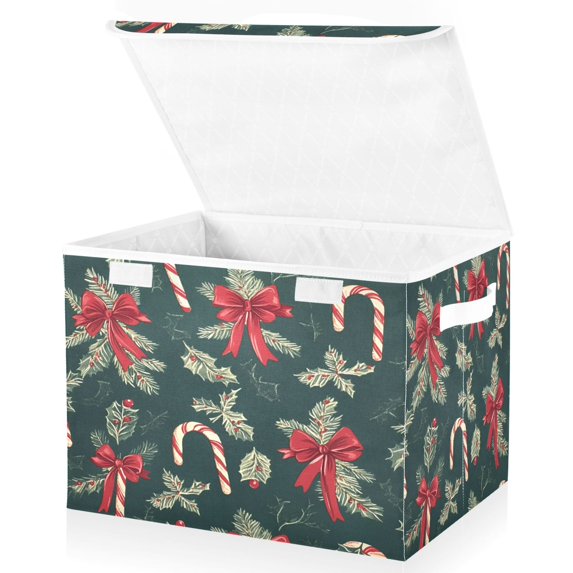 Yayeee Collapsible Cube Storage Bin with Lid Fabric Closet Decorative Basket with Handles, Green Christmas Candy Canes