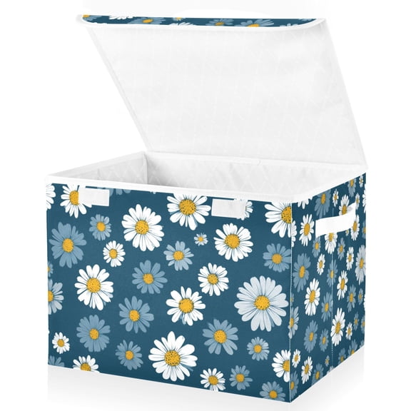 Yayeee Collapsible Cube Storage Bin with Lid Fabric Closet Decorative Basket with Handles, Green Daisy Pattern