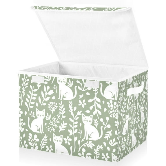 Yayeee Collapsible Cube Storage Bin with Lid Fabric Closet Decorative Basket with Handles, Green Floral Cat Pattern
