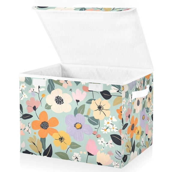 Yayeee Collapsible Storage Bin with Lid Fabric Closet Decorative Basket with Handles, Green Floral Pattern