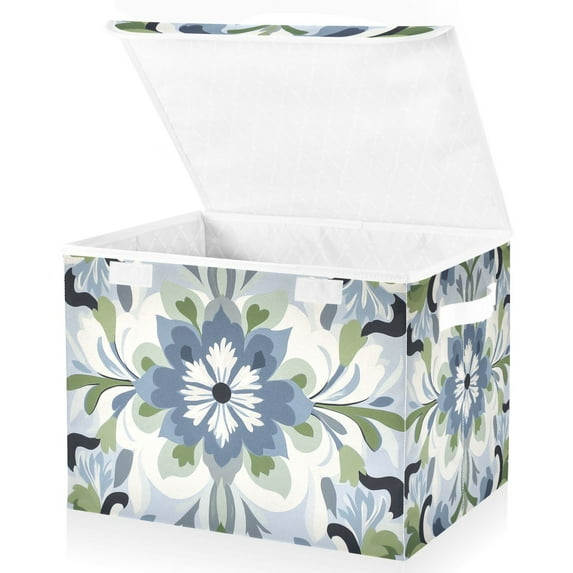 Yayeee Collapsible Cube Storage Bin with Lid Fabric Closet Decorative Basket with Handles, Green Floral