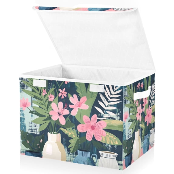 Yayeee Collapsible Storage Bin with Lid Fabric Closet Decorative Basket with Handles, Green Floral