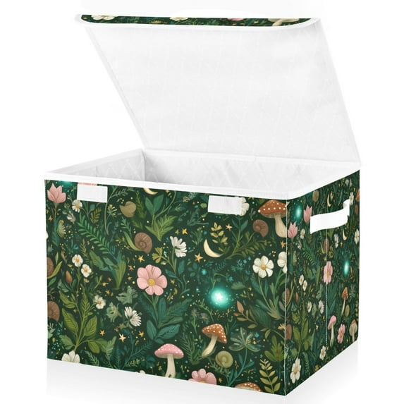 Yayeee Collapsible Cube Storage Bin with Lid Fabric Closet Decorative Basket with Handles, Green Forest Pattern