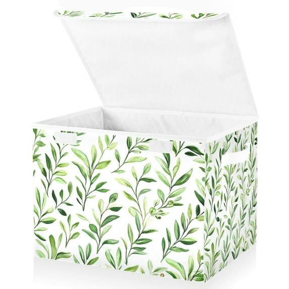 Yayeee Collapsible Cube Storage Bin with Lid Fabric Closet Decorative Basket with Handles, Green Leafy Pattern