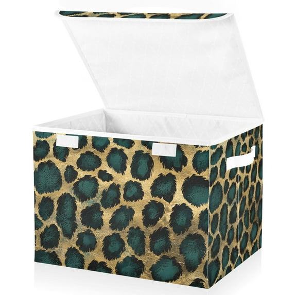 Yayeee Collapsible Cube Storage Bin with Lid Fabric Closet Decorative Basket with Handles, Green Leopard Pattern