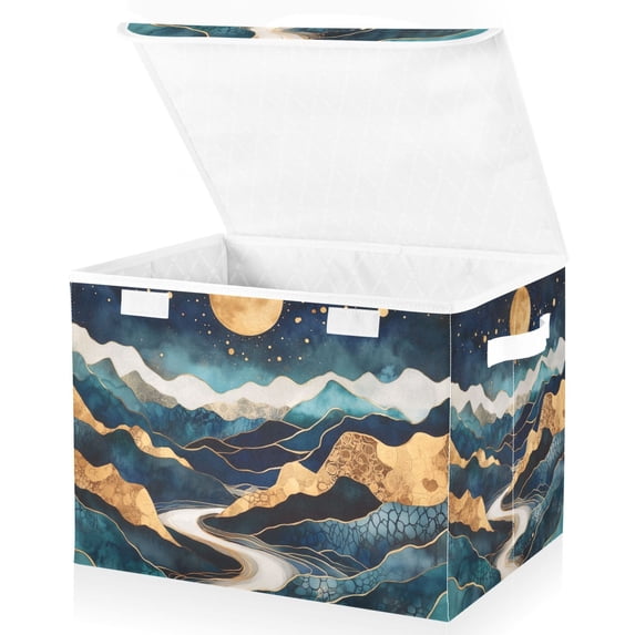 Yayeee Collapsible Storage Bin with Lid Fabric Closet Decorative Basket with Handles, Green Mountains