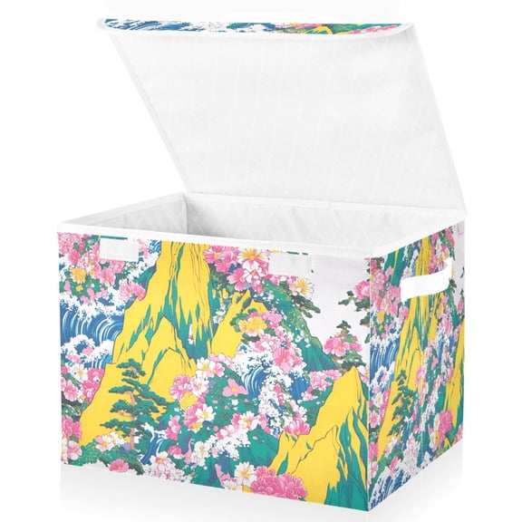 Yayeee Collapsible Cube Storage Bin with Lid Fabric Closet Decorative Basket with Handles, Green Mountains