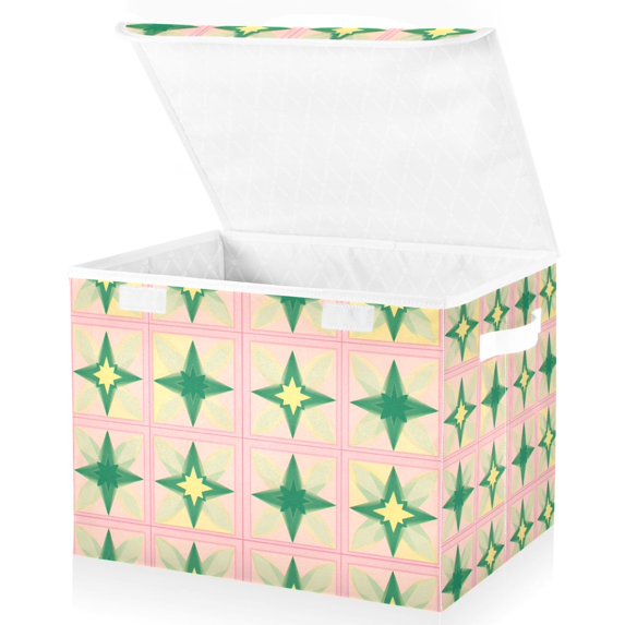 Yayeee Collapsible Cube Storage Bin with Lid Fabric Closet Decorative Basket with Handles, Green Symmetrical Stars