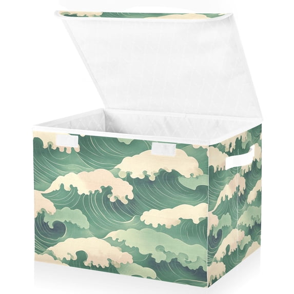 Yayeee Collapsible Storage Bin with Lid Fabric Closet Decorative Basket with Handles, Green Wave Pattern