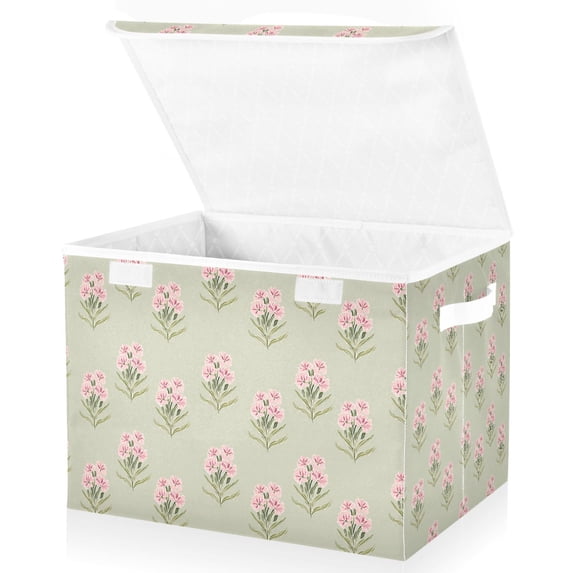 Yayeee Collapsible Cube Storage Bin with Lid Fabric Closet Decorative Basket with Handles, Green Wildflowers Pattern