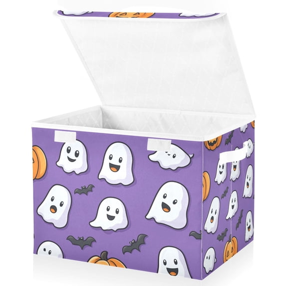 Yayeee Collapsible Cube Storage Bin with Lid Fabric Closet Decorative Basket with Handles, Halloween Ghosts Purple
