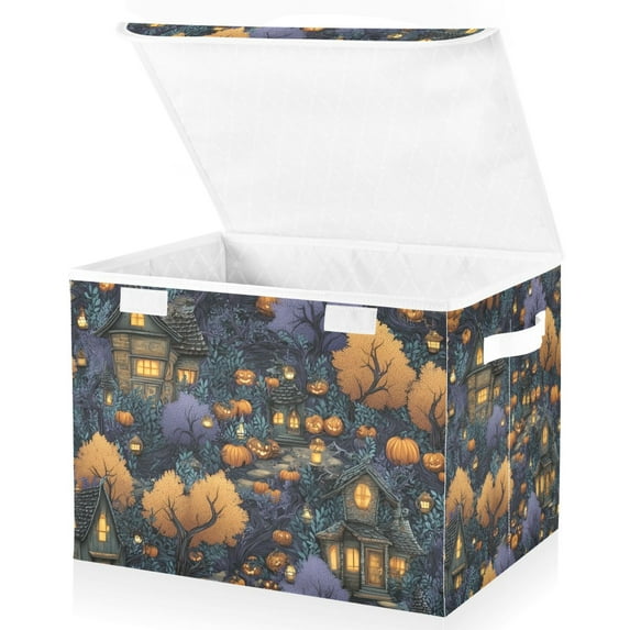 Yayeee Collapsible Cube Storage Bin with Lid Fabric Closet Decorative Basket with Handles, Halloween Houses Pattern