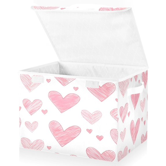 Yayeee Collapsible Cube Storage Bin with Lid Fabric Closet Decorative Basket with Handles, Hand Drawn Hearts