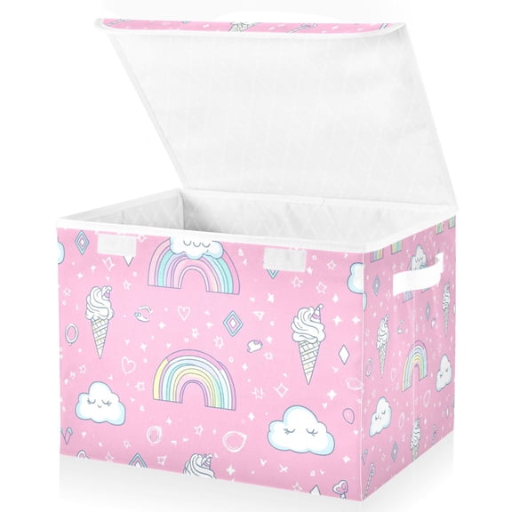 Yayeee Collapsible Cube Storage Bin with Lid Fabric Closet Decorative Basket with Handles, Ice Cream Rainbow Pattern