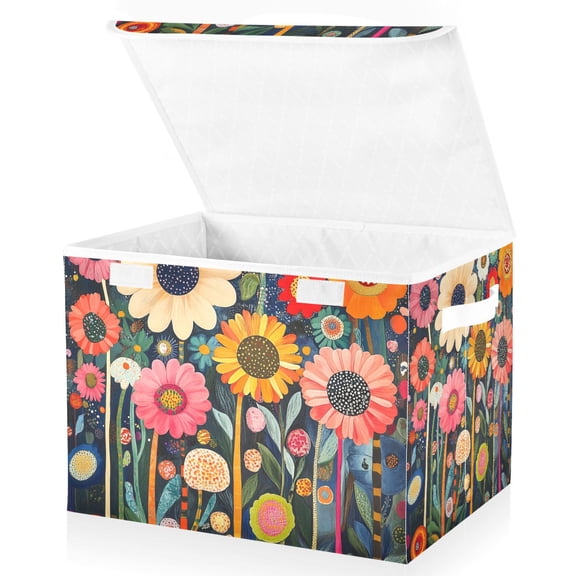 Yayeee Collapsible Cube Storage Bin with Lid Fabric Closet Decorative Basket with Handles, Large Colorful Flowers