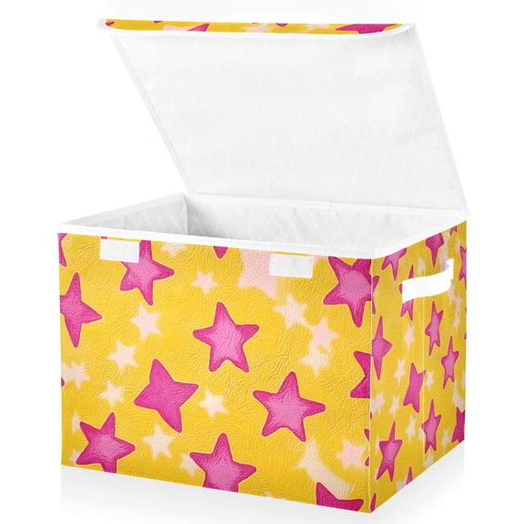 Yayeee Collapsible Cube Storage Bin with Lid Fabric Closet Decorative Basket with Handles, Large Pink Stars