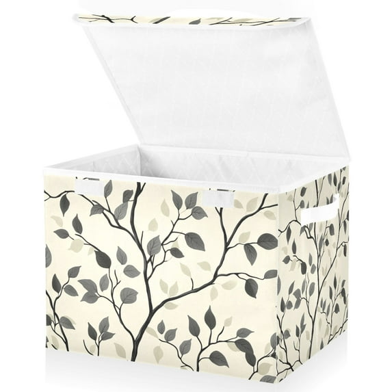 Yayeee Collapsible Cube Storage Bin with Lid Fabric Closet Decorative Basket with Handles, Leaves Pattern