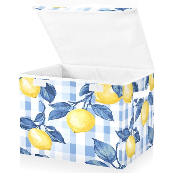 Yayeee Collapsible Cube Storage Bin with Lid Fabric Closet Decorative Basket with Handles, Light Blue Lemon