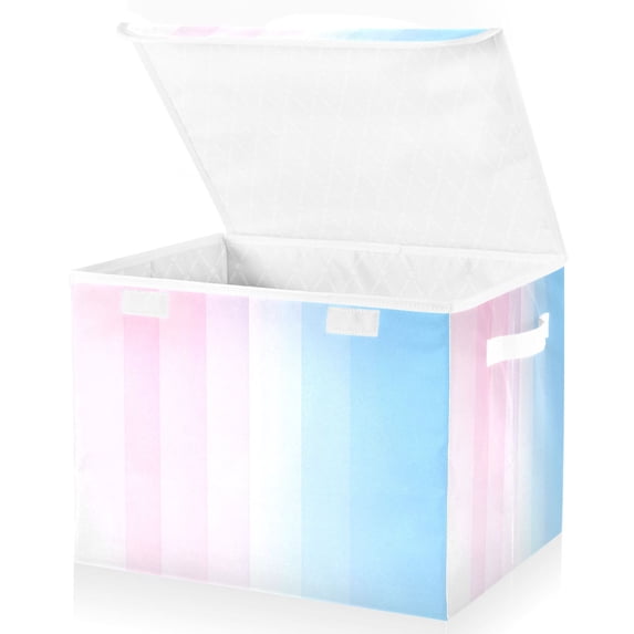 Yayeee Collapsible Storage Bin with Lid Fabric Closet Decorative Basket with Handles, Light Blue Stripes