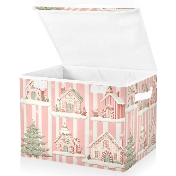 Yayeee Collapsible Cube Storage Bin with Lid Fabric Closet Decorative Basket with Handles, Light Green Christmas Houses