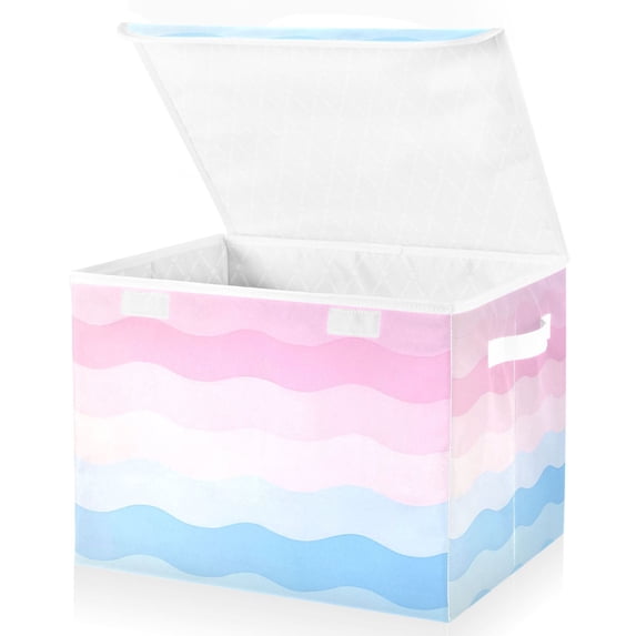 Yayeee Collapsible Storage Bin with Lid Fabric Closet Decorative Basket with Handles, Light Pink Stripes