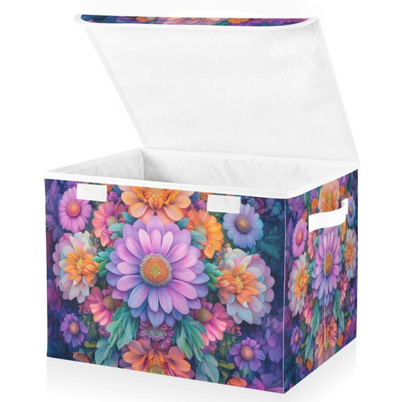 Yayeee Collapsible Cube Storage Bin with Lid Fabric Closet Decorative Basket with Handles, Light Purple Flowers