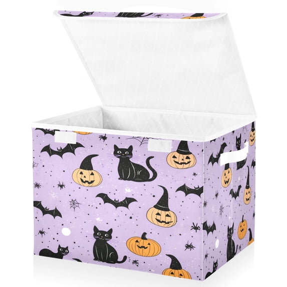 Yayeee Collapsible Cube Storage Bin with Lid Fabric Closet Decorative Basket with Handles, Light Purple Halloween Black Cat