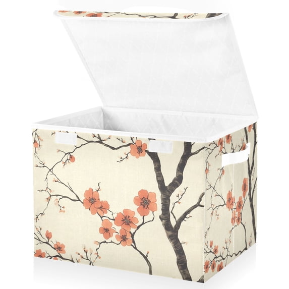 Yayeee Collapsible Cube Storage Bin with Lid Fabric Closet Decorative Basket with Handles, Light Red Flowers