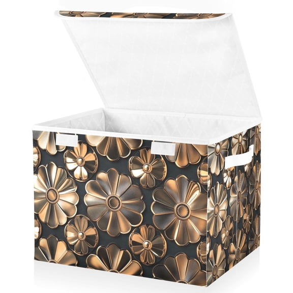 Yayeee Collapsible Cube Storage Bin with Lid Fabric Closet Decorative Basket with Handles, Metallic Flower