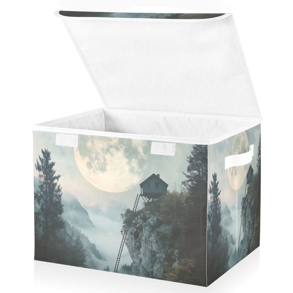 Yayeee Collapsible Cube Storage Bin with Lid Fabric Closet Decorative Basket with Handles, Moon and House