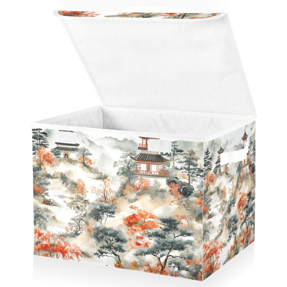 Yayeee Collapsible Cube Storage Bin with Lid Fabric Closet Decorative Basket with Handles, Mountain Pattern