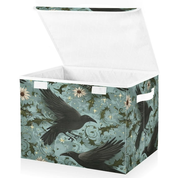 Yayeee Collapsible Cube Storage Bin with Lid Fabric Closet Decorative Basket with Handles, Mystic Crows Pattern
