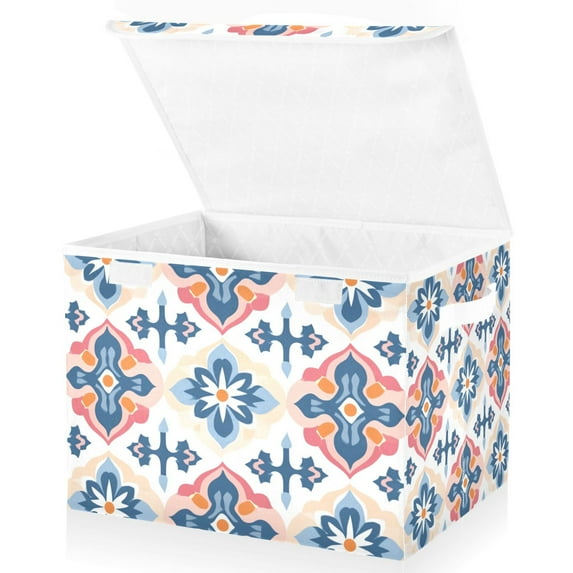 Yayeee Collapsible Cube Storage Bin with Lid Fabric Closet Decorative Basket with Handles, Navy Blossom Mosaic