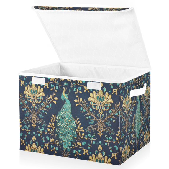 Yayeee Collapsible Cube Storage Bin with Lid Fabric Closet Decorative Basket with Handles, Navy Blue Peacock Pattern