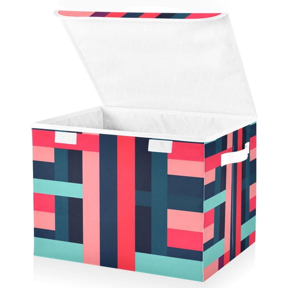 Yayeee Collapsible Cube Storage Bin with Lid Fabric Closet Decorative Basket with Handles, Navy Blue Stripes