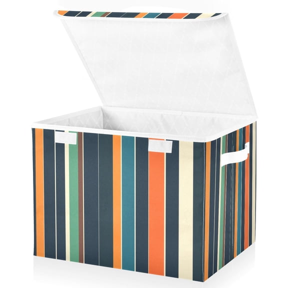 Yayeee Collapsible Cube Storage Bin with Lid Fabric Closet Decorative Basket with Handles, Navy Blue Stripes