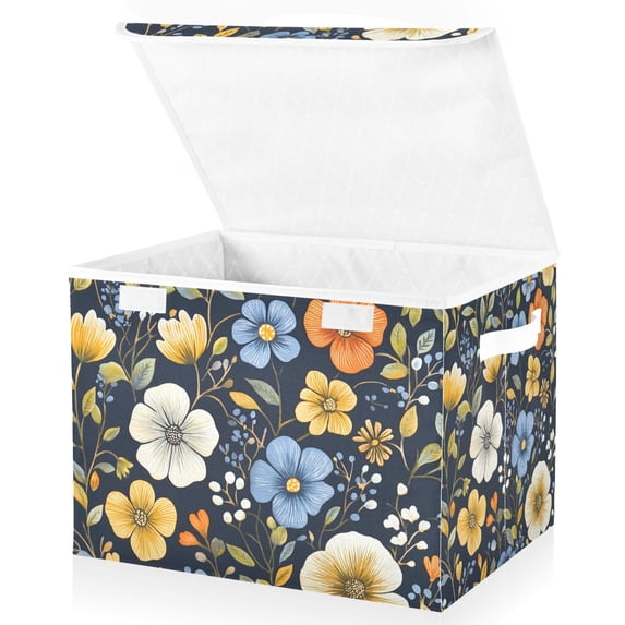 Yayeee Collapsible Cube Storage Bin with Lid Fabric Closet Decorative Basket with Handles, Navy Floral Pattern