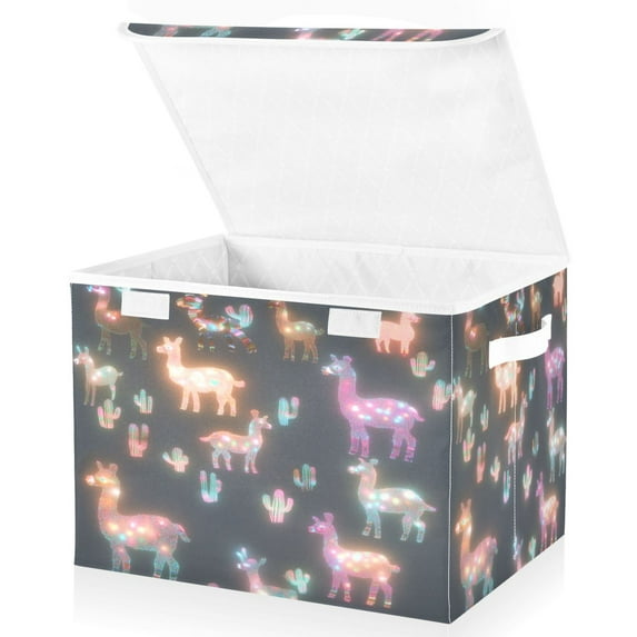 Yayeee Collapsible Cube Storage Bin with Lid Fabric Closet Decorative Basket with Handles, Neon Llamas Pattern